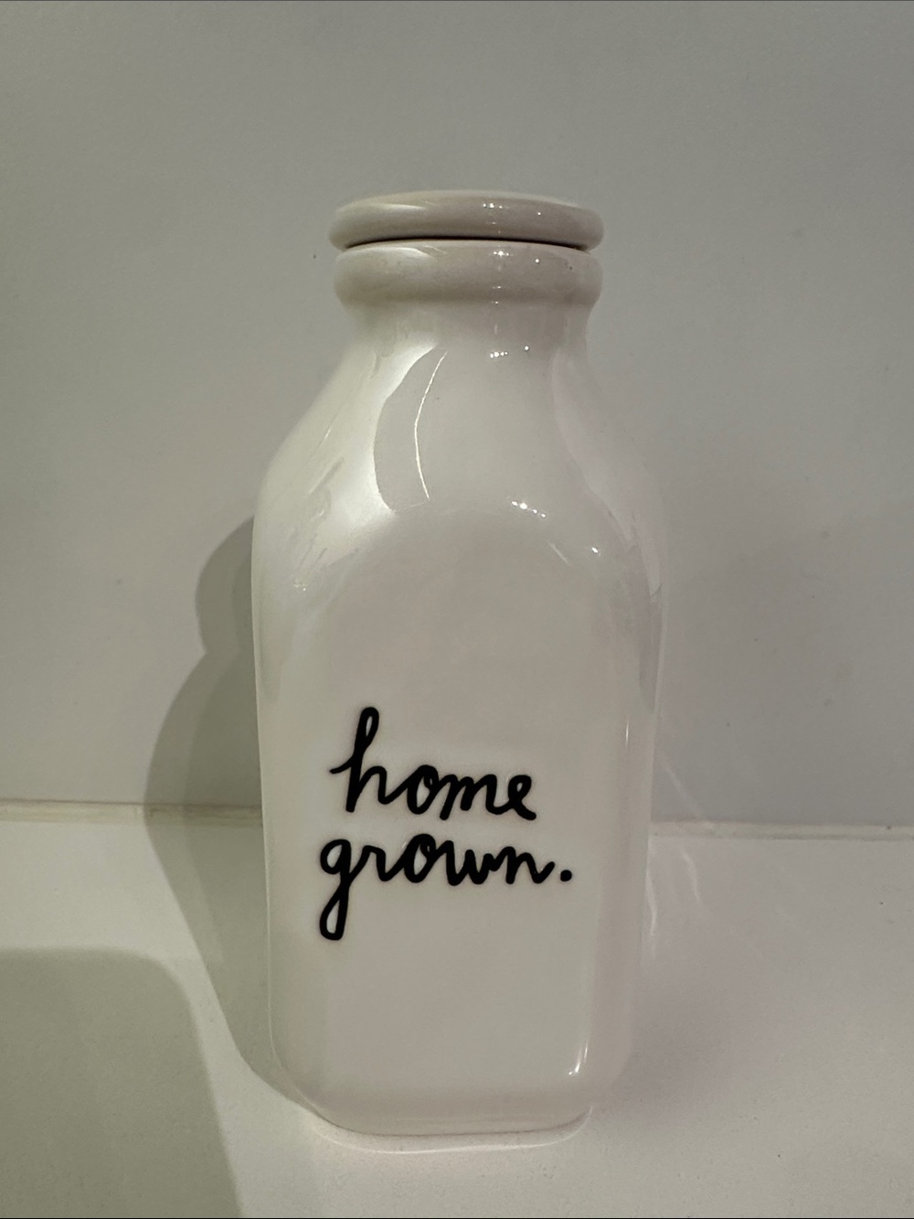 Rae Dunn Home Grown Glass Milk Bottle Vase with Lid - White with Black Script